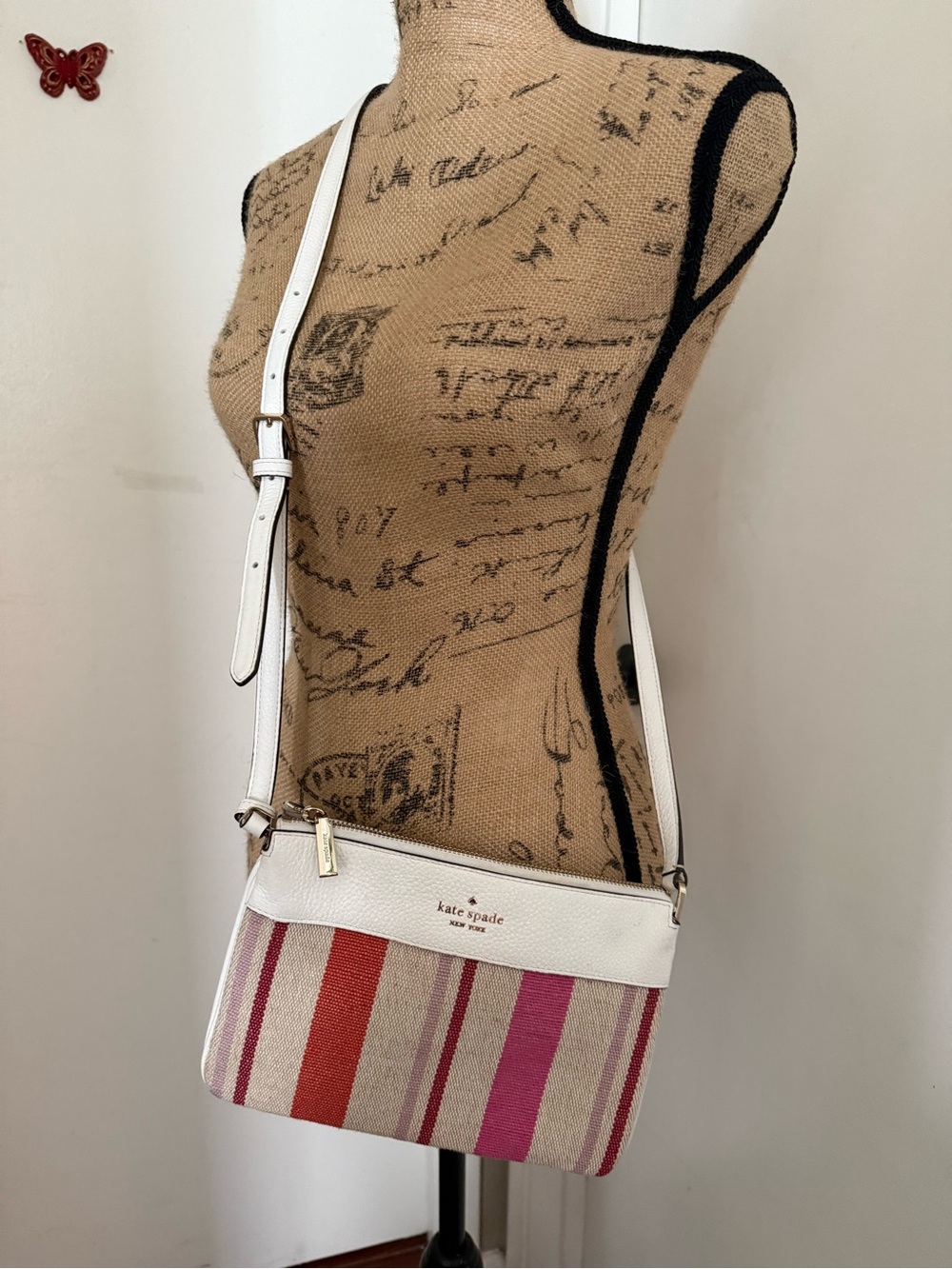 kate spade White, Pink & Red Striped Canvas Crossbody